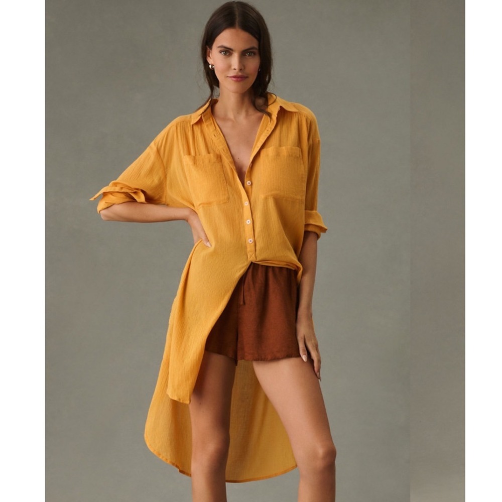Anthropologie High Low Gauze Tunic Blouse in Mango Women's Size Small